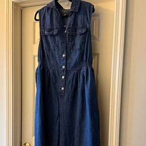 Sleeveless Dark Blue Denim Button-Front Wide Leg Jumpsuit